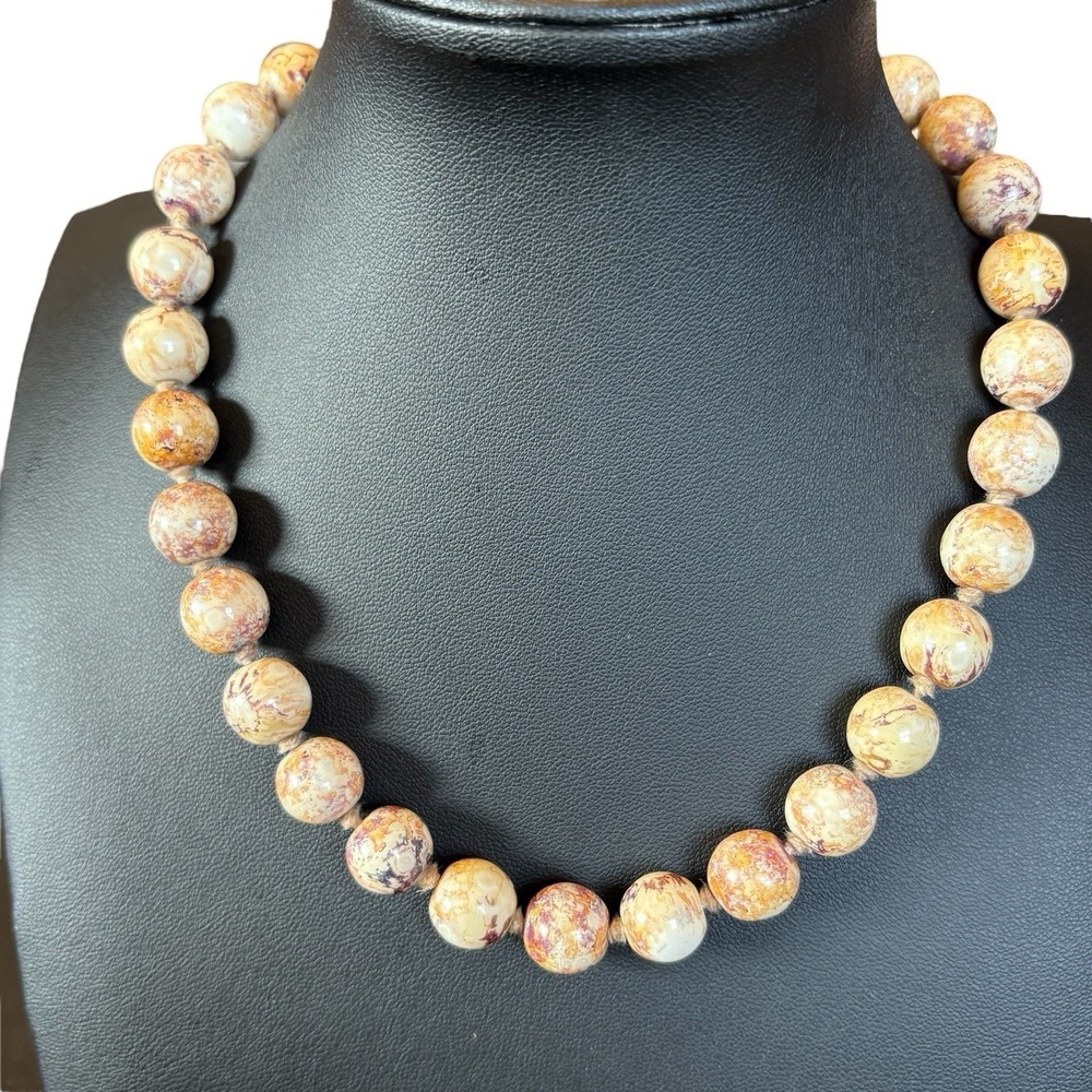 Dendritic Jasper Necklace Bead Matte Individually Knotted VTG Natural Stone